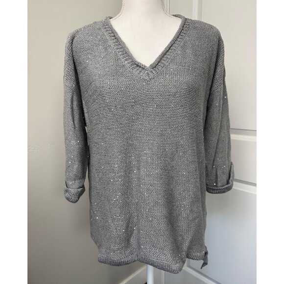 Womens DKNY Jeans Gray Sequin V-Neck Sweater Size XL NWT Comfortable Soft Light - Picture 3 of 12